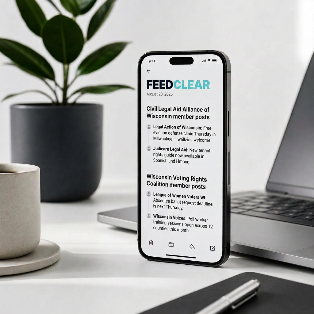 A smartphone on a clean desk showing the FeedClear daily email digest for August 20, 2026, with sections for Civil Legal Aid Alliance of Wisconsin member posts and Wisconsin Voting Rights Coalition member posts